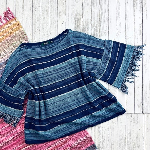 Lauren RL Striped Serape Fringed Short Sleeve Sweater - Picture 11 of 14